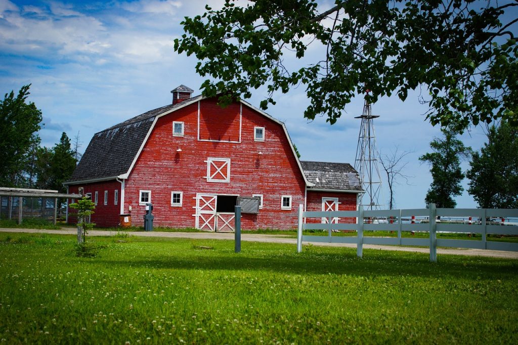 An image showcasing a well-insulated agricultural building, with thick layers of insulation material covering the walls and roof