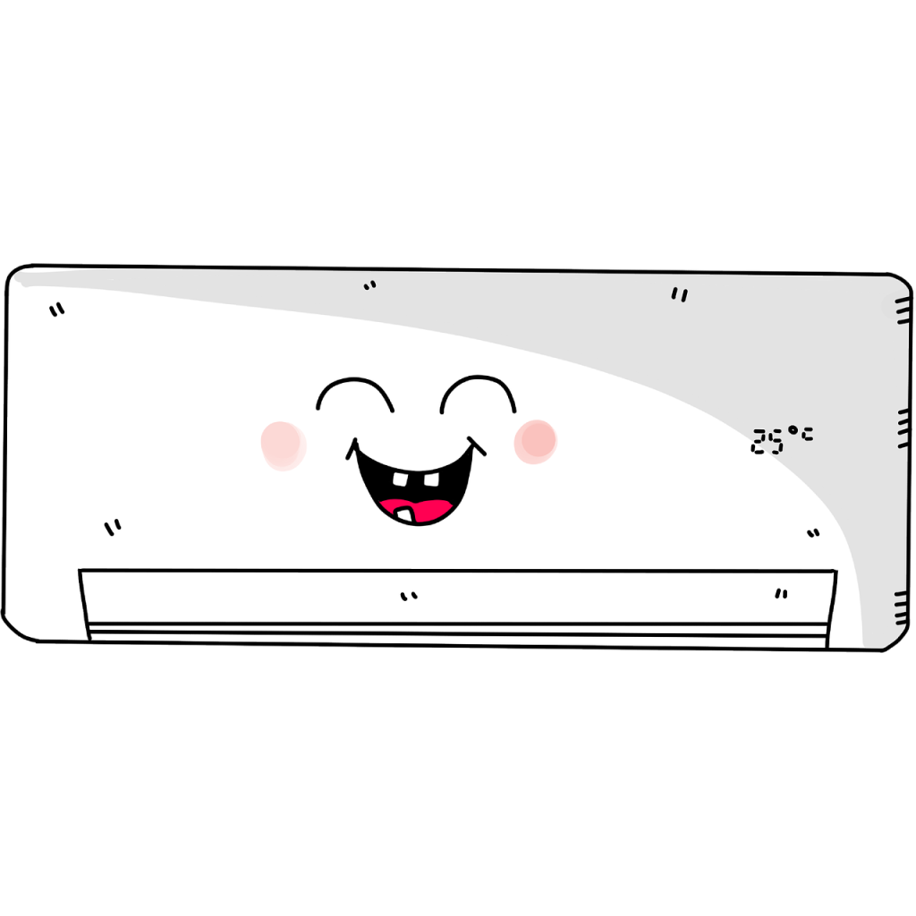 , modern white home air conditioning unit mounted on a beige brick exterior wall